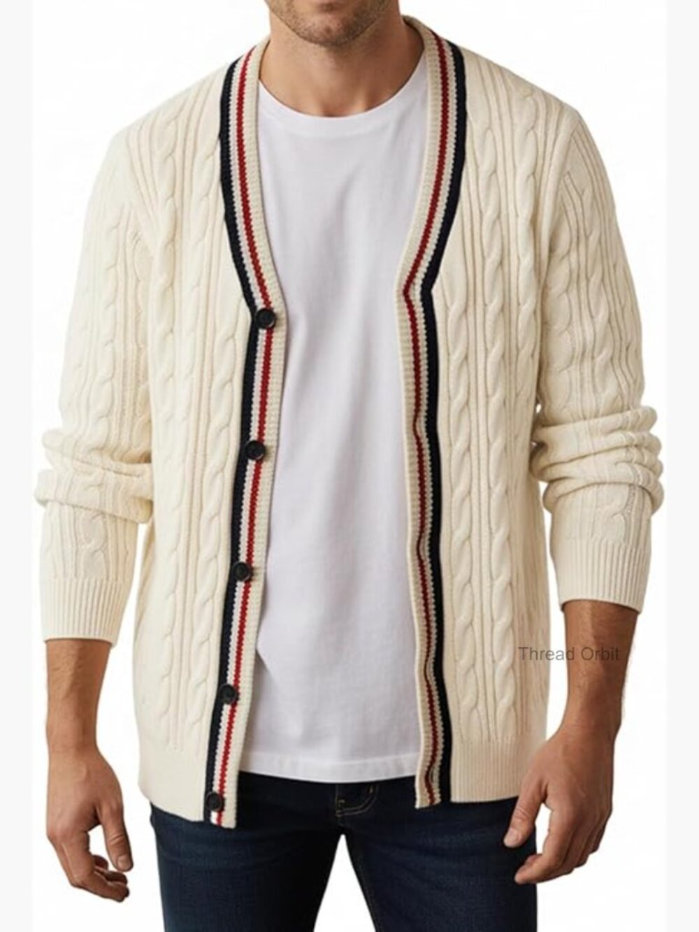 Men's V-Neck Cable Knit Cardigan Sweater Long Sleeve Button-Up Warm